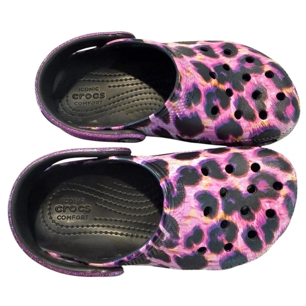 Girl’s Purple and Pink Animal Print Classic CROC with Glitter Strap. EUC